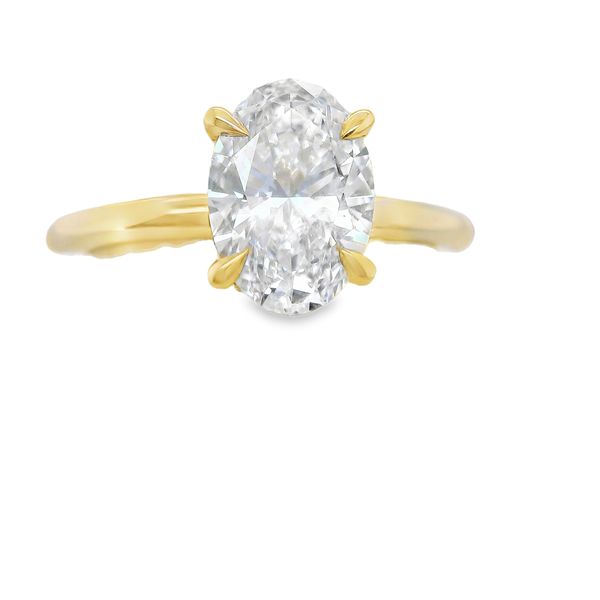 14K YG LAB GROWN DIAMOND RING CENTER STONE IS 1.55 CT OVAL IN A 4 PRONG HEAD WITH A HIDDEN HALO =.07 CTTW RND LAB DIAS. <br>IGI CERT # LG749563077 Lennon's W.B. Wilcox Jewelers New Hartford, NY