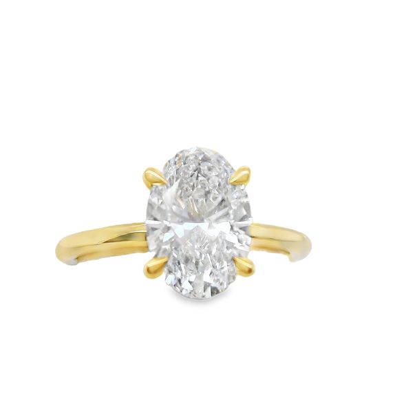 14K YG LAB GROWN DIAMOND RING WITH OVAL CENTER STONE = 2.03 CT IN 4 PRONG HEAD WITH HIDDEN HALO 14- RBC LAB DIAS.=.09 CTTW<br>IGI CERT # LG750556957 Lennon's W.B. Wilcox Jewelers New Hartford, NY
