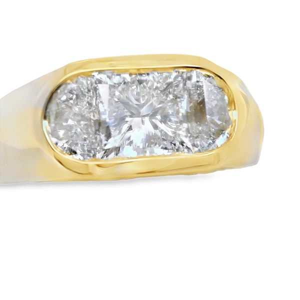 14K YG 3-STONE RING SET IN SINGLE BEZEL.   CENTER STONE IS A LAB GROWN 2.03 CT PRINCESS CUT   2- SIDE STONES ARE 1.06 CTTW HALF MOON SHAPED LAB DIAMONDS.<br>CENTER STONE IS IGI CERTIFIED #727547193 Lennon's W.B. Wilcox Jewelers New Hartford, NY