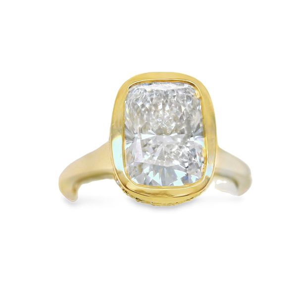 3.02 CT CUSHION CUT LAB GROWN DIAMOND IN 14K YG BEZEL SETTING WITH A HIDDEN HALO OF RND LAB DIAS.<br><br>IGI CERT# LG743533240 Lennon's W.B. Wilcox Jewelers New Hartford, NY