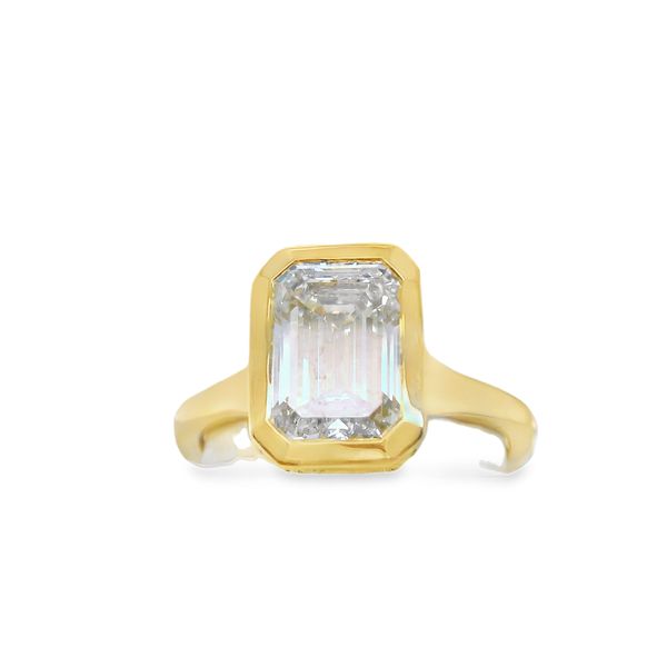 3.02 CT EMERALD CUT LAB GROWN DIAMOND IN 14K YG BEZEL SET MTG. WITH HIDDEN HALO CONTAINING .18 CT ROUND LAB DIAS. <br>IGI CERT # LG747545156 Lennon's W.B. Wilcox Jewelers New Hartford, NY