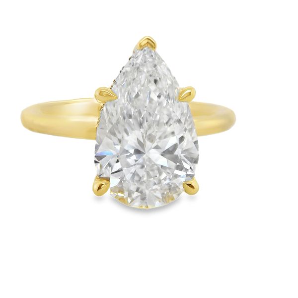 3.02 CT PEAR SHAPED LAB GROWN DIAMOND SET IN A 5 PRONG 14K YG SETTING WITH A HIDDEN HALO CONTAINING RND. LAB DIAS. <br>IGI CERT# LG747502194 Lennon's W.B. Wilcox Jewelers New Hartford, NY