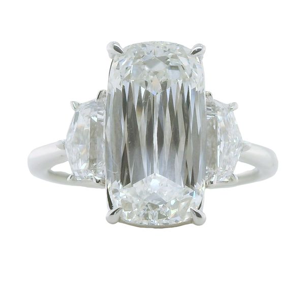 14K WG LAB GROWN ENGAGEMENT RING WITH ELONGATED CUSHION CUT CENTER- 4.15 CT-  WITH 2 SIDE STONES TOTAL DIAMOND WT = 5.15 CTTW Lennon's W.B. Wilcox Jewelers New Hartford, NY