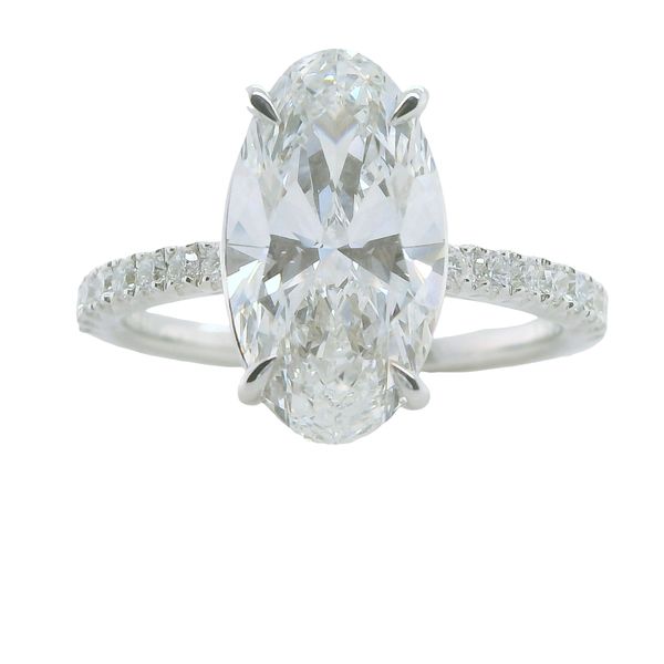 3.15 OVAL LAB GROWN DIAMOND E/VVS2  WITH LG DIAMONDS ON THE SHANK   TOTAL DIA WT. = 3.25 CTTW Lennon's W.B. Wilcox Jewelers New Hartford, NY