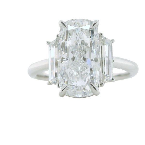 14K WG LAB GROWN DIAMOND RING.  THE CENTER STONE IS A  3.13 CT ELONGATED CUSHION CUT  WITH A LONG BAGUETTE ON EACH SIDE OF CENTER <br>TOTAL LG DAIMOND WT.=3 5/8 CTTW<br>IGI CERT # LG778644160 Lennon's W.B. Wilcox Jewelers New Hartford, NY