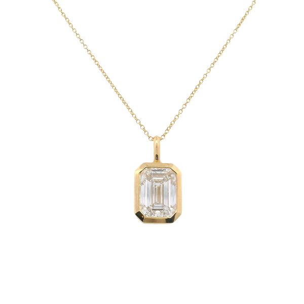 14KY LAB GROWN DIAMOND PENDANT, WITH 1 EMERALD CUT DIAMOND IN A BEZEL SETTING, AND A HIDDEN HALO CONTAINING ROUND LAB GROWN DIAMONDS <br>TOTAL WEIGHT = 3.19CTTW Lennon's W.B. Wilcox Jewelers New Hartford, NY