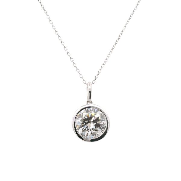 14K WG PENDANT WITH ROUND LAB GROWN DIAMOND SET IN BEZEL SETTING WITH ROUND LAB GROWN DIAMONDS IN HIDDEN HALO - 3.24 CTTW<br>CERT# 772628412 Lennon's W.B. Wilcox Jewelers New Hartford, NY
