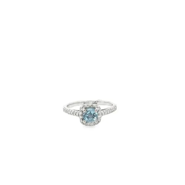 14Kt White Gold Cushion Cut Aquamarine with Round Diamond Halo and Diamonds on the shank  Lennon's W.B. Wilcox Jewelers New Hartford, NY