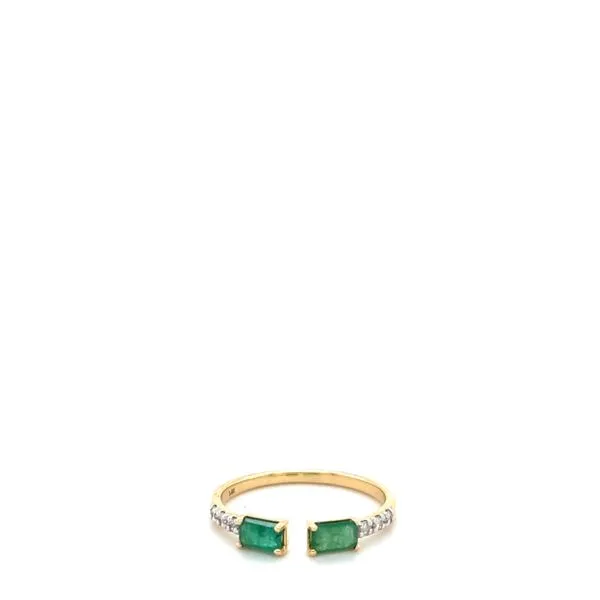 14KT YG BAND WITH ONE EMERALD CUT EMERALD ON EACH SIDE OF OPENING AND THREE ROUND DIAMONDS ON THE SHANK NEXT TO THE EMERALDS Lennon's W.B. Wilcox Jewelers New Hartford, NY