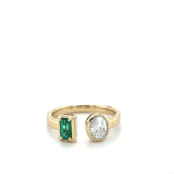 14Kt Yellow Gold Ring Containing One Bezel Oval Diamonds and Bezel Baguette Emerald Lennon's W.B. Wilcox Jewelers New Hartford, NY