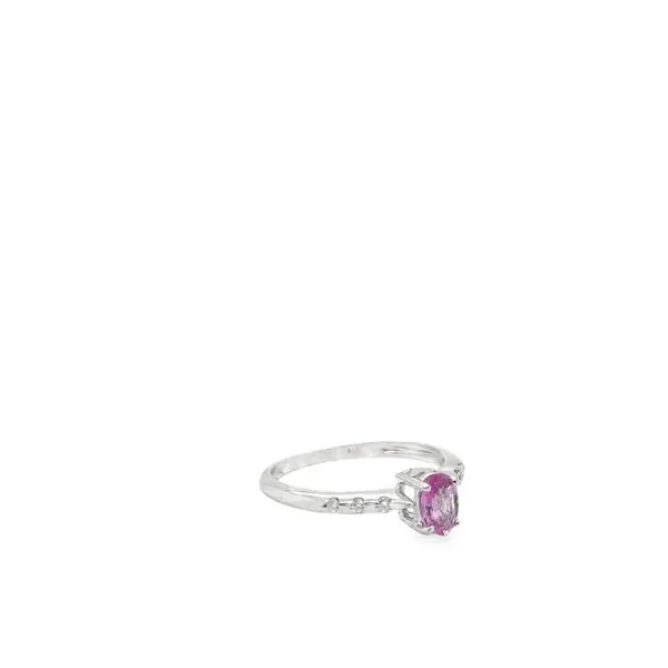 14KT WG .60CT OVAL PINK SAPPHIRE W/ 3 ROUND FLUSH SET DIAMONDS EACH SIDE. D .09CTW Image 2 Lennon's W.B. Wilcox Jewelers New Hartford, NY