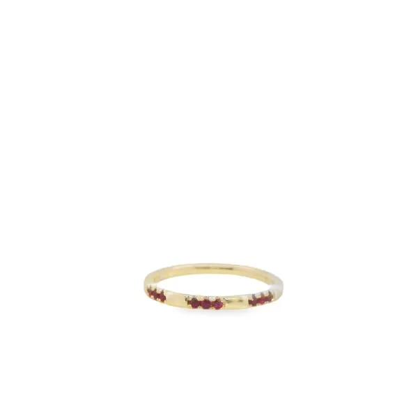 14KT YG RING CONTAINING 3 SETS OF 3 ROUND RUBIES IN THE BAND .12CTTW Lennon's W.B. Wilcox Jewelers New Hartford, NY