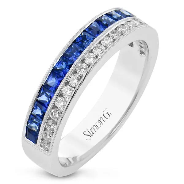 18KT WG BAND WITH ONE ROW OF 21 CHANNEL DIAMONDS .28CTTW AND ONE ROW OF PRINCESS SAPPHIRES 1.13CTTW Lennon's W.B. Wilcox Jewelers New Hartford, NY