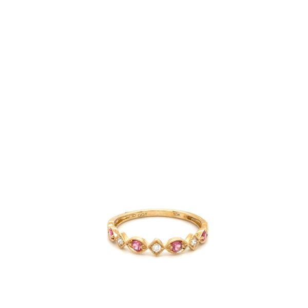 10KT YG RING ALTERNATING ROUND DIAMONDS .05CTTW AND ROUND PINK TOURMALINE .17CTTW Lennon's W.B. Wilcox Jewelers New Hartford, NY