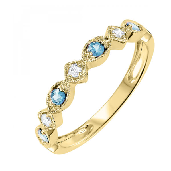 10KT YG STACKABLE RING CONTAINING ROUND BLUE TOPAZ .16CTTW ALTERNATING WITH ROUND DIAMONDS .05CTTW Lennon's W.B. Wilcox Jewelers New Hartford, NY