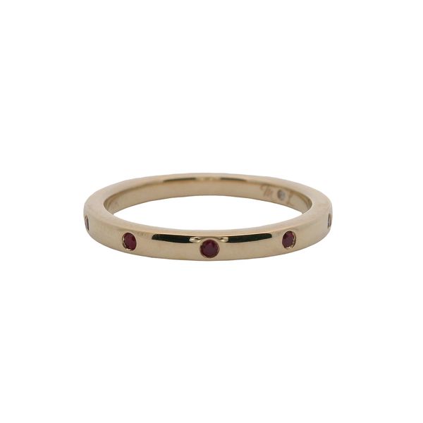 10K YG 5 GEN RUBIES SET FLUSH ON STACKABLE BAND  .05 CTTW Lennon's W.B. Wilcox Jewelers New Hartford, NY