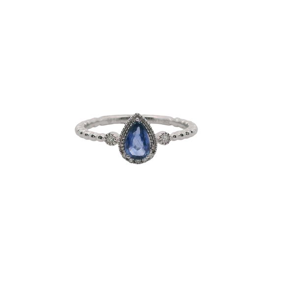 14K WG RING WITH PEAR SHAPED SAPPHIRE IN 3 PRONGS,  5 DIAMONDS AT THE BASE OF THE STONE AND A DIAMOND ON EACH SIDE SET IN FANCY BEZELS <br>SAPPH. = .46 CTTW   DIA = .04 CTTW Lennon's W.B. Wilcox Jewelers New Hartford, NY