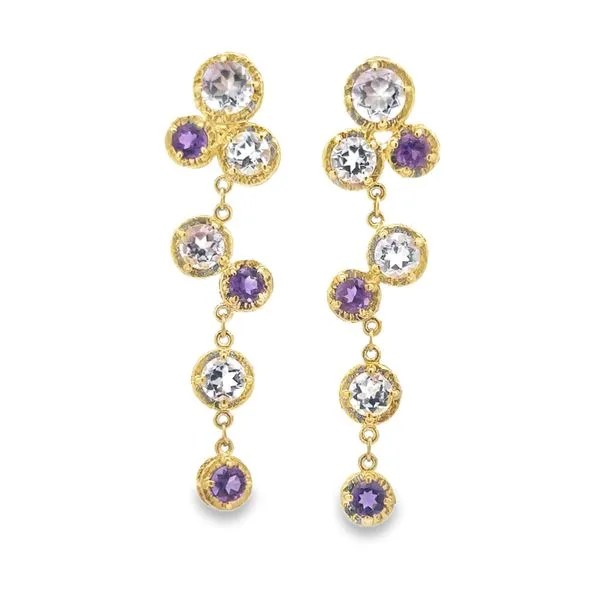 14KT YG DROP EARRINGS CONTAINING 7 ROUND AMETHYST IN EACH EARRING. Lennon's W.B. Wilcox Jewelers New Hartford, NY