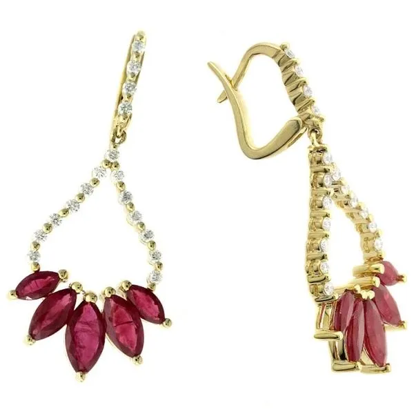 14Kt Yellow Gold Round Diamond and 5 Marquise Rubies Dangle Earrings Lennon's W.B. Wilcox Jewelers New Hartford, NY