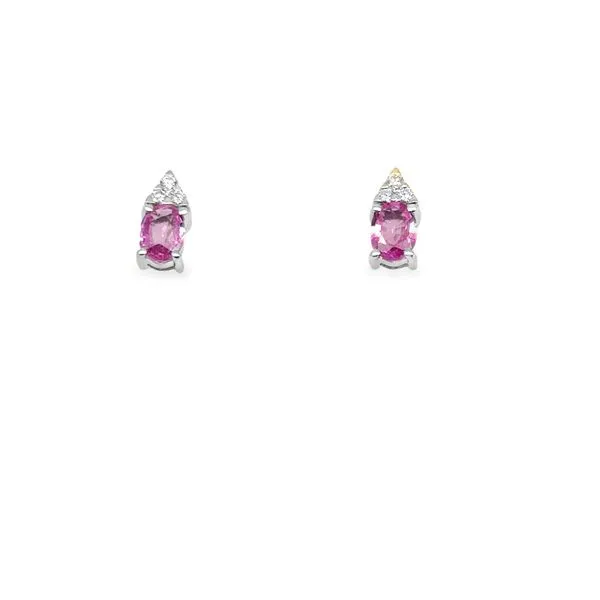 14KT WG STUDS CONTAINING ONE OVAL PINK SAPPHIRE PER EARRING 2.00CTTW W/ CLUSTER OF 3 ROUND DIAMONDS ON TOP .18CTTW Lennon's W.B. Wilcox Jewelers New Hartford, NY