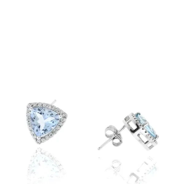 14K WHITE GOLD TRILLION AQUAMARINE EARRINGS WITH DIAMOND HALO Lennon's W.B. Wilcox Jewelers New Hartford, NY