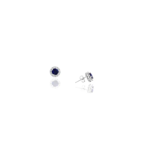 14K WHITE GOLD ROUND SAPPHIRE AND DIAMOND HALO STUD EARRINGS Lennon's W.B. Wilcox Jewelers New Hartford, NY