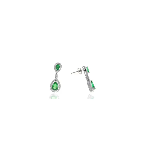 14Kt White Gold Drop Earrings Containing Two Pear Cut Emeralds 1.80Cttw with Round Diamond Halo .68Cttw Lennon's W.B. Wilcox Jewelers New Hartford, NY