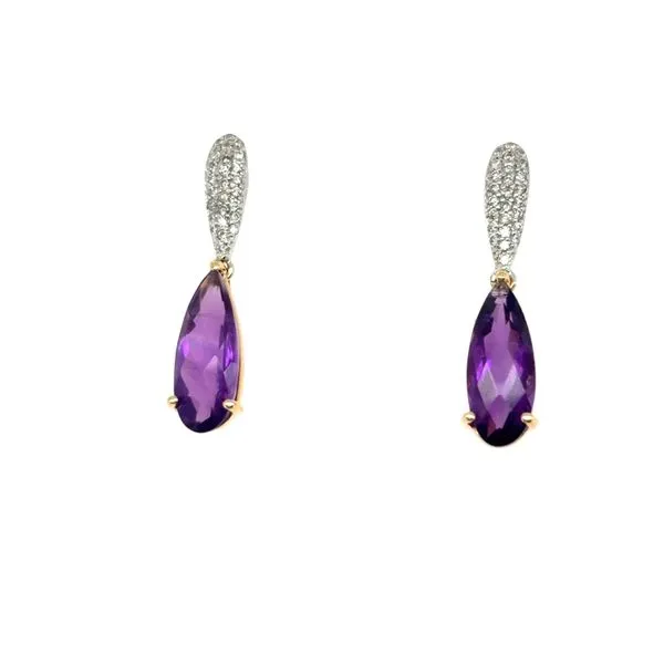 14KT TT DANGLE EARRINGS CONTAINING ELONGATED PEAR AMETHYSTS 5.00CTTW WITH THREE ROWS OF ROUND DIAMONDS ABOVE .27CTTW Lennon's W.B. Wilcox Jewelers New Hartford, NY