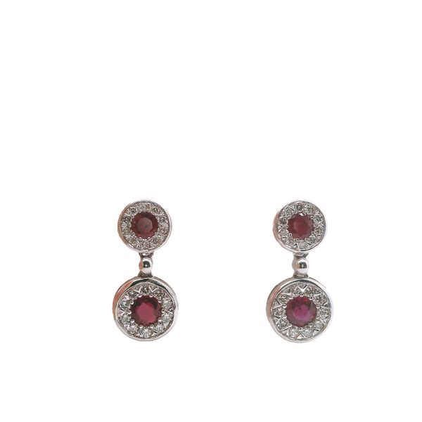 Lady's White 14 Karat Drop Earrings With 40 0.583Tw Round Diamonds And 4 1.183Tw Round Rubys Lennon's W.B. Wilcox Jewelers New Hartford, NY