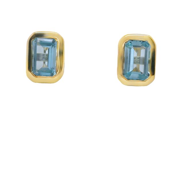10 KARAT YELLOW GOLD SWISS BLUE TOPAZ EMERALD CUT BEZEL EARRINGS Lennon's W.B. Wilcox Jewelers New Hartford, NY