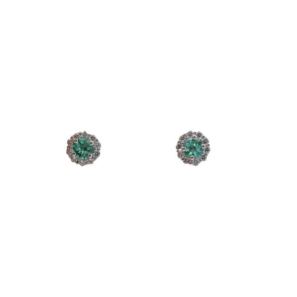 14K WG RND CLUSTER POST EARRING WITH 4MM EMERALD IN CENTER AND DIAMONDS IN HALO  EMER.=.41 CTTW  DIAS=.27 CTTW Lennon's W.B. Wilcox Jewelers New Hartford, NY