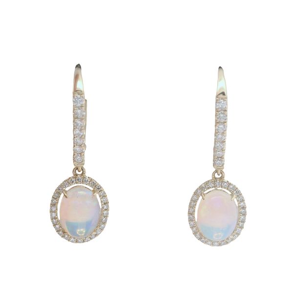 14KY Oval Opal Lever Back Dangle Earrings <br>1.48cttw opals and 0.40cttw diamond halo Lennon's W.B. Wilcox Jewelers New Hartford, NY