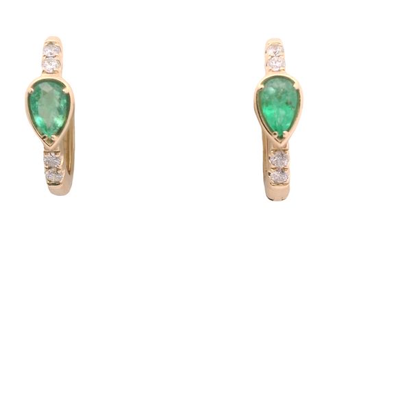 14K YG PEAR SHAPED EMERALD .39 CTTW AND DIAMOND .15 CTTW  HINGED HOOP EARRINGS Image 2 Lennon's W.B. Wilcox Jewelers New Hartford, NY