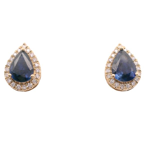 14K YG POST EARRINGS CONTAINING PEAR SHAPED SAPPHIRES -1.41 CTTW AND ROUND DIAMONDS .14 CTTW  AROUND THE OUTSIDE Lennon's W.B. Wilcox Jewelers New Hartford, NY
