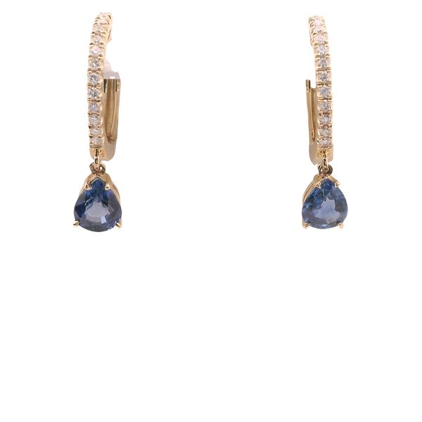 14K YG HINGED HOOP EARRINGS WITH A PEAR SHAPED SAPPHIRE DANGLE AND 13 DIAMONDS DOWN THE HOOP ON EACH  SAPPH=1.04 CTTW DIA.=.17 CTTW Lennon's W.B. Wilcox Jewelers New Hartford, NY