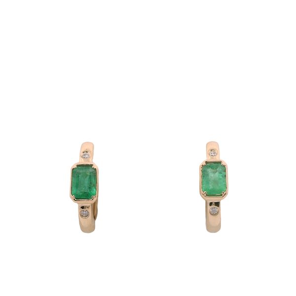 14K  YG EMERALD CUT EMERALDS .72 CTTW  PRONG SET ON BEZEL HINGED HOOP WITH 2 BEZEL SET DIAMONDS .04 CTTW ON EACH Lennon's W.B. Wilcox Jewelers New Hartford, NY