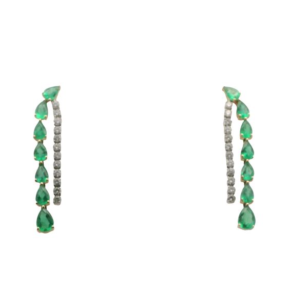 14K YELLOW AND WHITE GOLD ROUND DIAMOND AND PEAR SHAPED EMERALD DANGLE EARRINGS.  24  DIAMONDS ARE SET IN WG 4 PRONG HEADS = 1.34 CTTW <br>14 GRADUATED PEAR SHAPED EMERALDS ARE SET IN YG 3 PRONG HEADS = 5.53 CTTW Lennon's W.B. Wilcox Jewelers New Hartford, NY