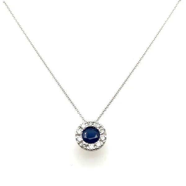 14KT WHITE GOLD ROUND SAPPHIRE PENDANT WITH ROUND DIAMOND HALO .25CTTW Lennon's W.B. Wilcox Jewelers New Hartford, NY