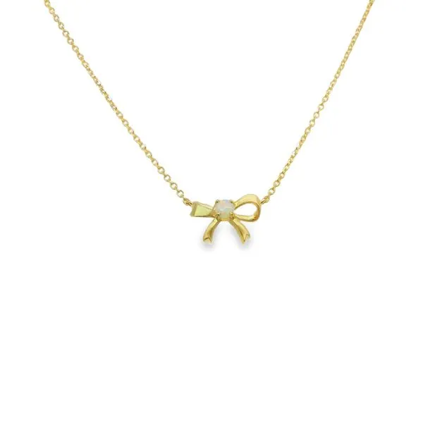 14K YELLOW GOLD AUSTRALIAN OPAL BOW NECKLACE 0.07CT Lennon's W.B. Wilcox Jewelers New Hartford, NY