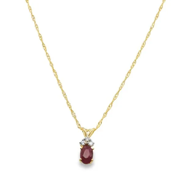 14K YG OVAL RUBY PENDANT WITH 3 DIAMONDS .06TWT WITH SINGAPORE CHAIN WITH LOBSTER CLASP 18'' Lennon's W.B. Wilcox Jewelers New Hartford, NY
