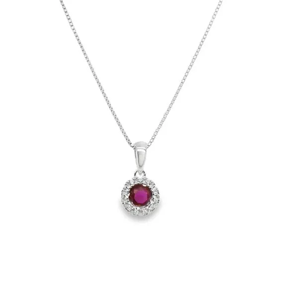 SS PENDANT CONTAINING ONE ROUND LAB CREATED RUBY .29CTTW WITH CZ HALO .08CTTW WITH 18'' BOX CHAIN Lennon's W.B. Wilcox Jewelers New Hartford, NY