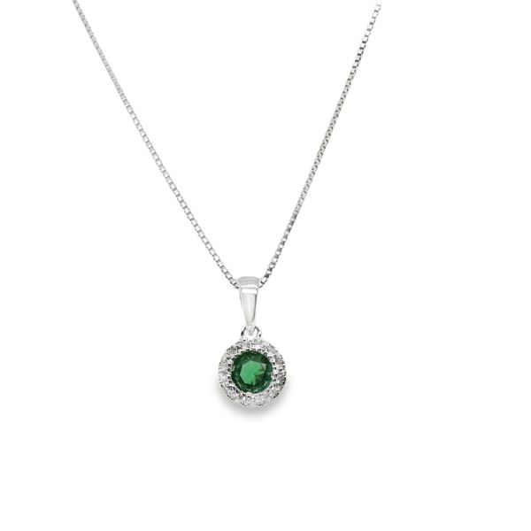 SS PENDANT CONTAINING ONE ROUND LAB EMERALD .24CTTW W/ CZ HALO .08CTTW ON 18" BOX CHAIN Lennon's W.B. Wilcox Jewelers New Hartford, NY