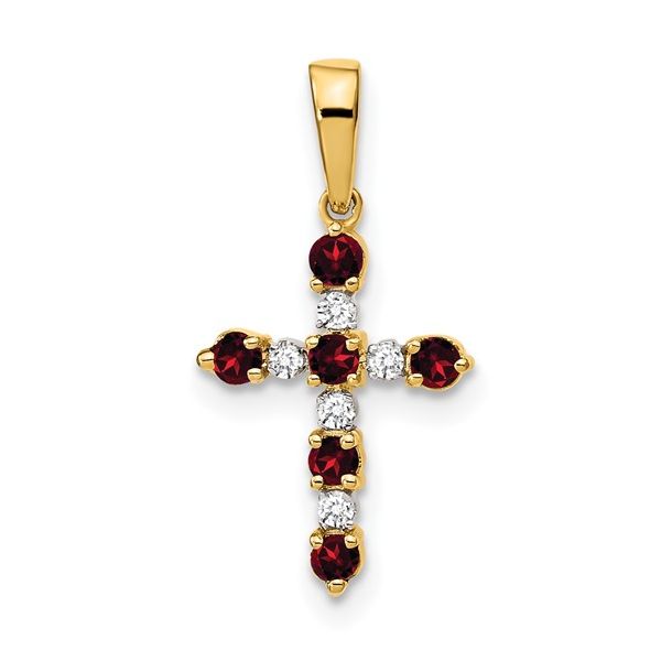 14K YG CROSS PEND. WITH ALTERNATING DIAMONDS( .05CTTW) AND GARNETS (.23 CTTW) ON 18" BOX CHAIN Lennon's W.B. Wilcox Jewelers New Hartford, NY
