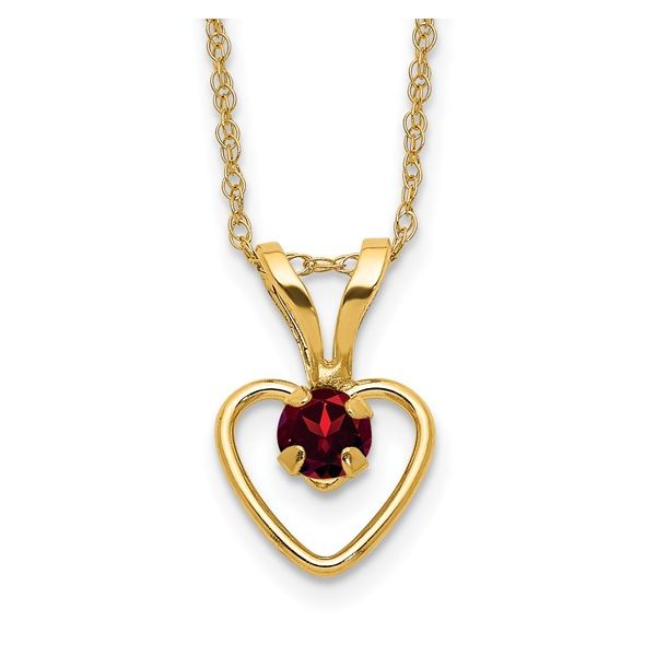 10KYG HEART PENDANT WITH GEN. 3MM GARNET IN CENTER ON 15" CHAIN Lennon's W.B. Wilcox Jewelers New Hartford, NY