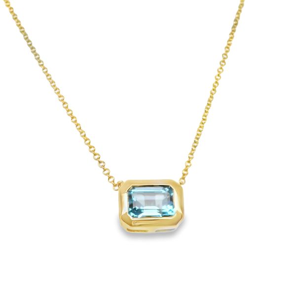 10K YELLOW GOLD GENUINE 1.33CT BLUE TOPAZ PEND IN BEZEL  ON ADJ. LENGTH CHAIN Lennon's W.B. Wilcox Jewelers New Hartford, NY