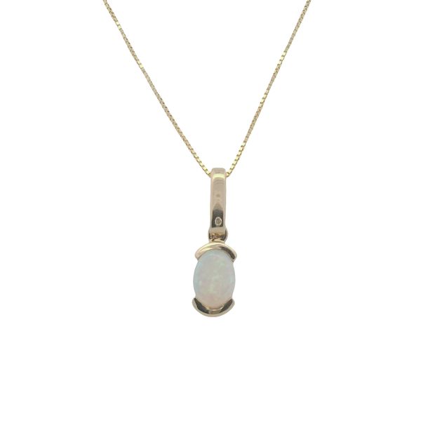 14K YELLOW GOLD HALF BEZEL SET OVAL AUSTRALIAN OPAL PENDANT<br>OPAL = 0.46CT Lennon's W.B. Wilcox Jewelers New Hartford, NY
