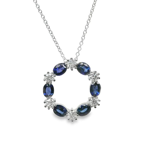 14K WG 4X3 OVAL SAPPHIRES IN A CIRCLE SEPARATED BY DIAS .32 CTTW   SAPPH= 1.16 TW ON 18" ROLO CHAIN WITH LOBSTER CLAW Lennon's W.B. Wilcox Jewelers New Hartford, NY