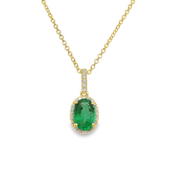 14K YG 6X4 OVAL EMERALD = .74CT  AND DIA .08 CTTW PEND.  EM. CENTER WITH DIA HALO AND DIAS IN BAILE   ON 16"+ 2  18" CHAIN Lennon's W.B. Wilcox Jewelers New Hartford, NY