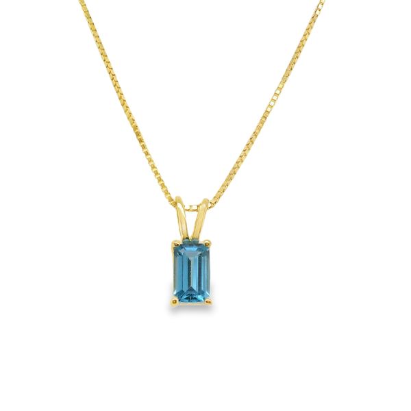 14K YG EM CUT BLUE TOPAZ PENDANT ON 18" BOX CHAIN WITH SPRING RING Lennon's W.B. Wilcox Jewelers New Hartford, NY