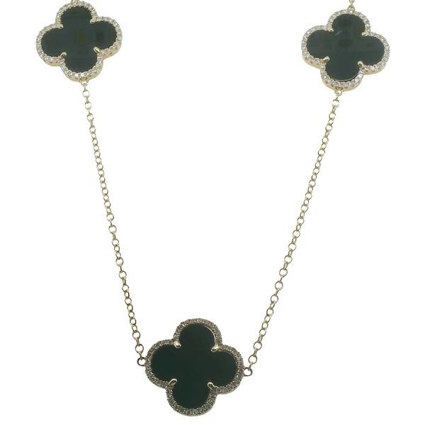14KT YG NECKLACE WITH 5 SPACED OUT CLOVER ONYX 14.25TW WITH ROUND DIAMOND SURROUNDING EACH .79CTTW Lennon's W.B. Wilcox Jewelers New Hartford, NY